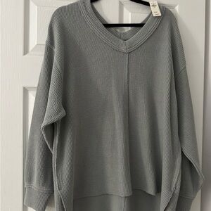 aerie Soft Ribbed V-Neck Sweater — Light Gray